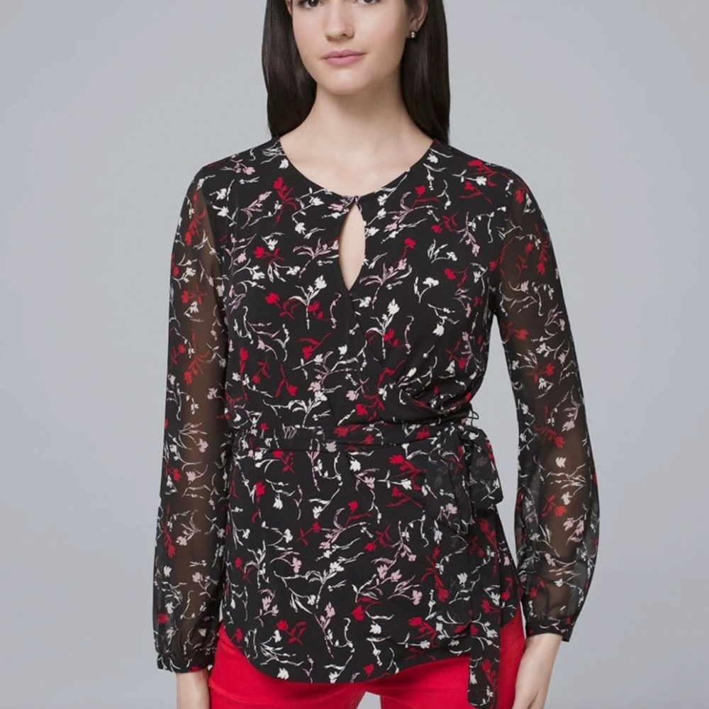 WHBM Red Floral Faux Wrap Tie Waist Chiffon Sleeve Blouse Romantic Size Medium